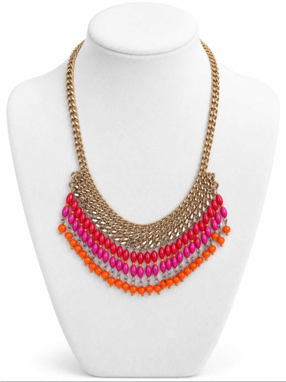 Gold Tone Chain Bib Necklace Pink Red Orange Beaded Fringe